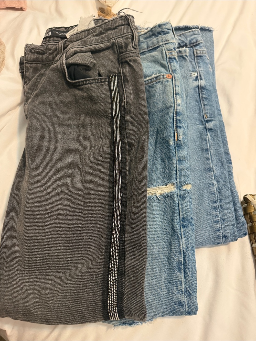 3 pairs Zara Women’s Gray & Light Blue Skinny Jeans with Side Bead Stripe